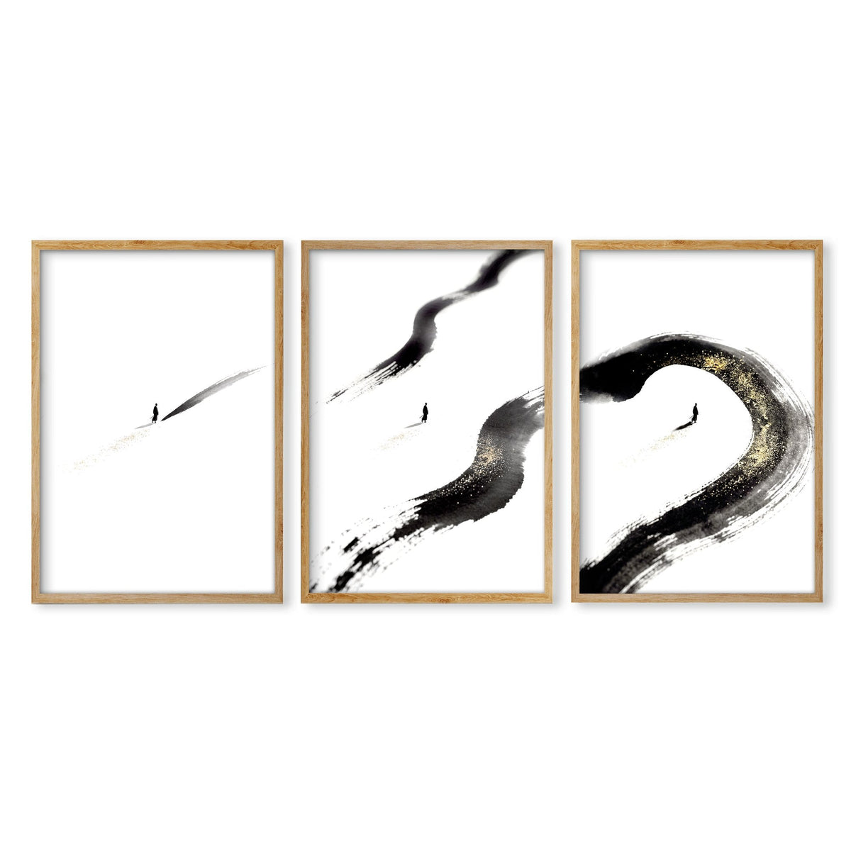 Japandi Wall Decor Black Ink Brush Solitary Figure with Gold-Toned Accents | Set of 3