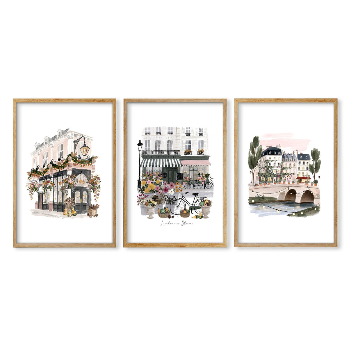 Poster Art London "London in Bloom" Floral City Scene Wall Art Prints | Set of 3