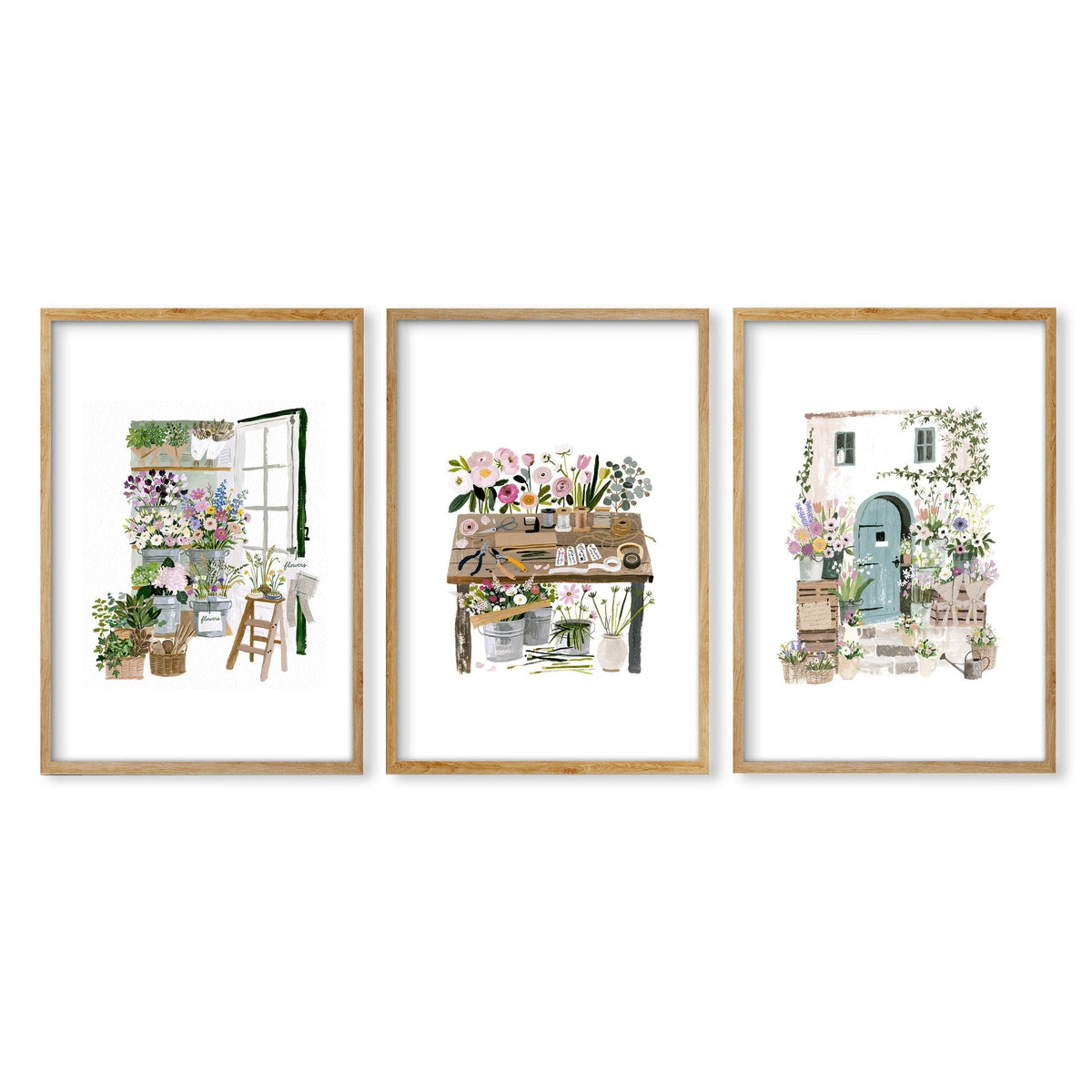 Large Wall Art Green Cottage Flower Shop Illustration | Set of 3