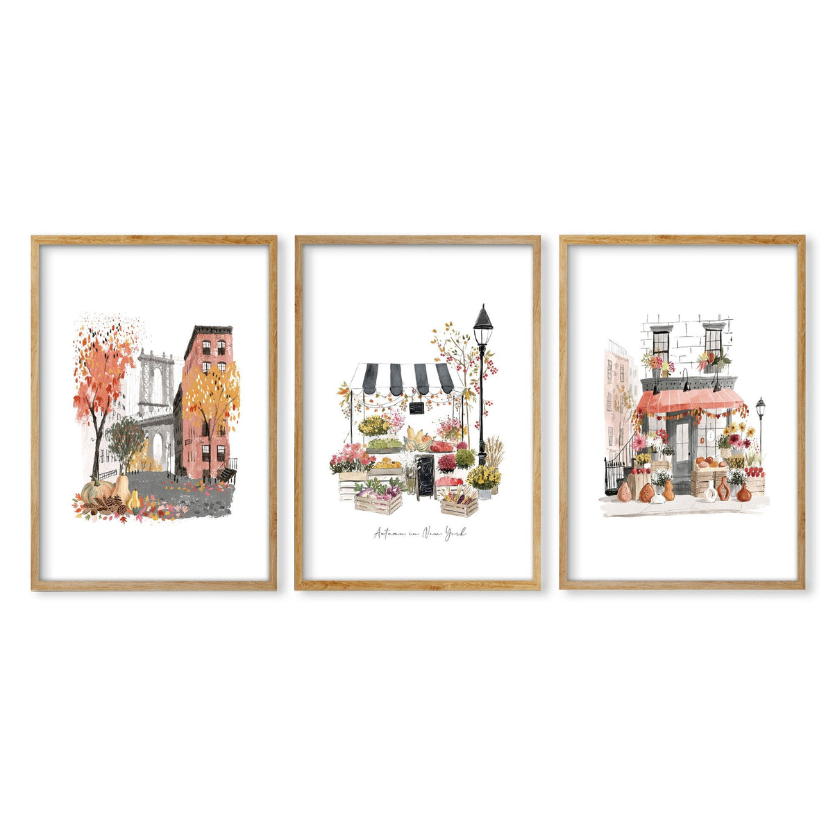 Hallway Wall Art Ideas New York Autumn Watercolour Travel Prints | "Autumn in New York" | Set of 3