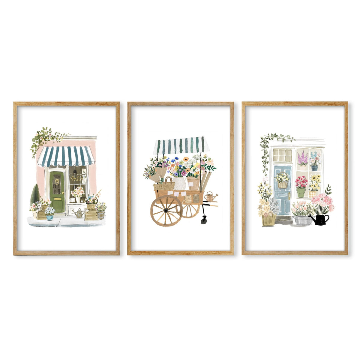 Pink Art Botanical Flower Shop & Market Cart Wall Art Prints | Set of 3