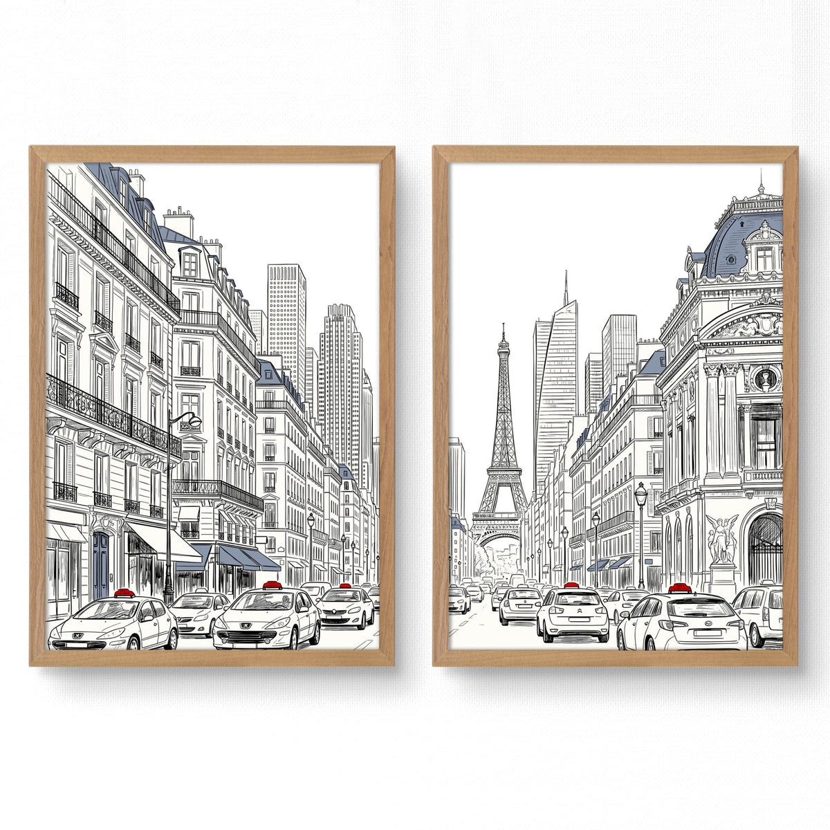 Paris Posters Black & White Street Scene with Eiffel Tower | Set of 2