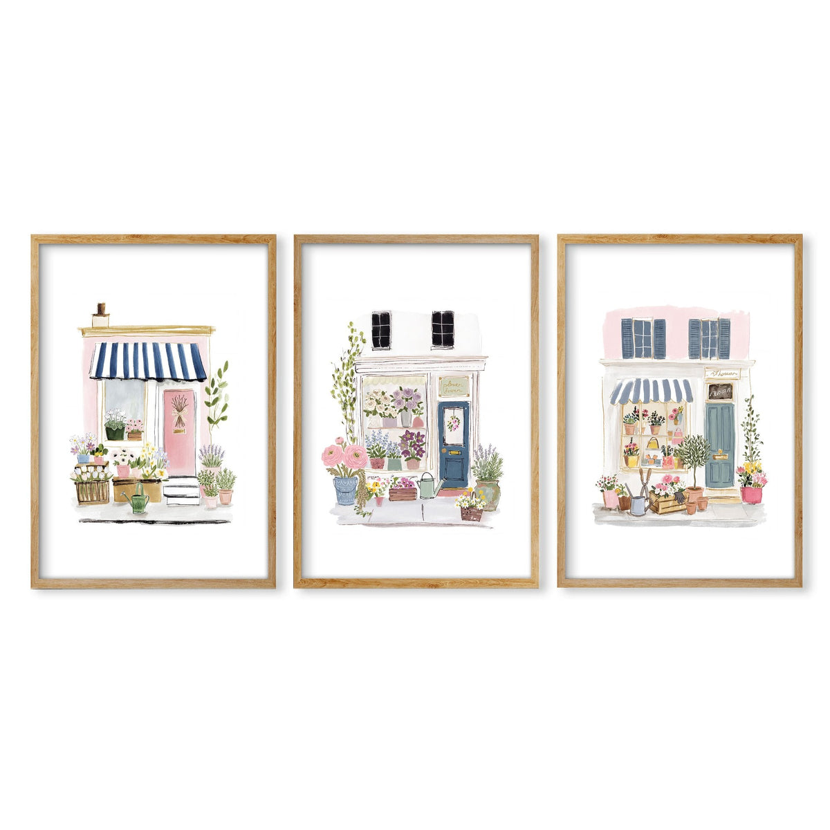 Kitchen Prints Watercolour Flower Shop Storefronts White Blue Pink | Set of 3
