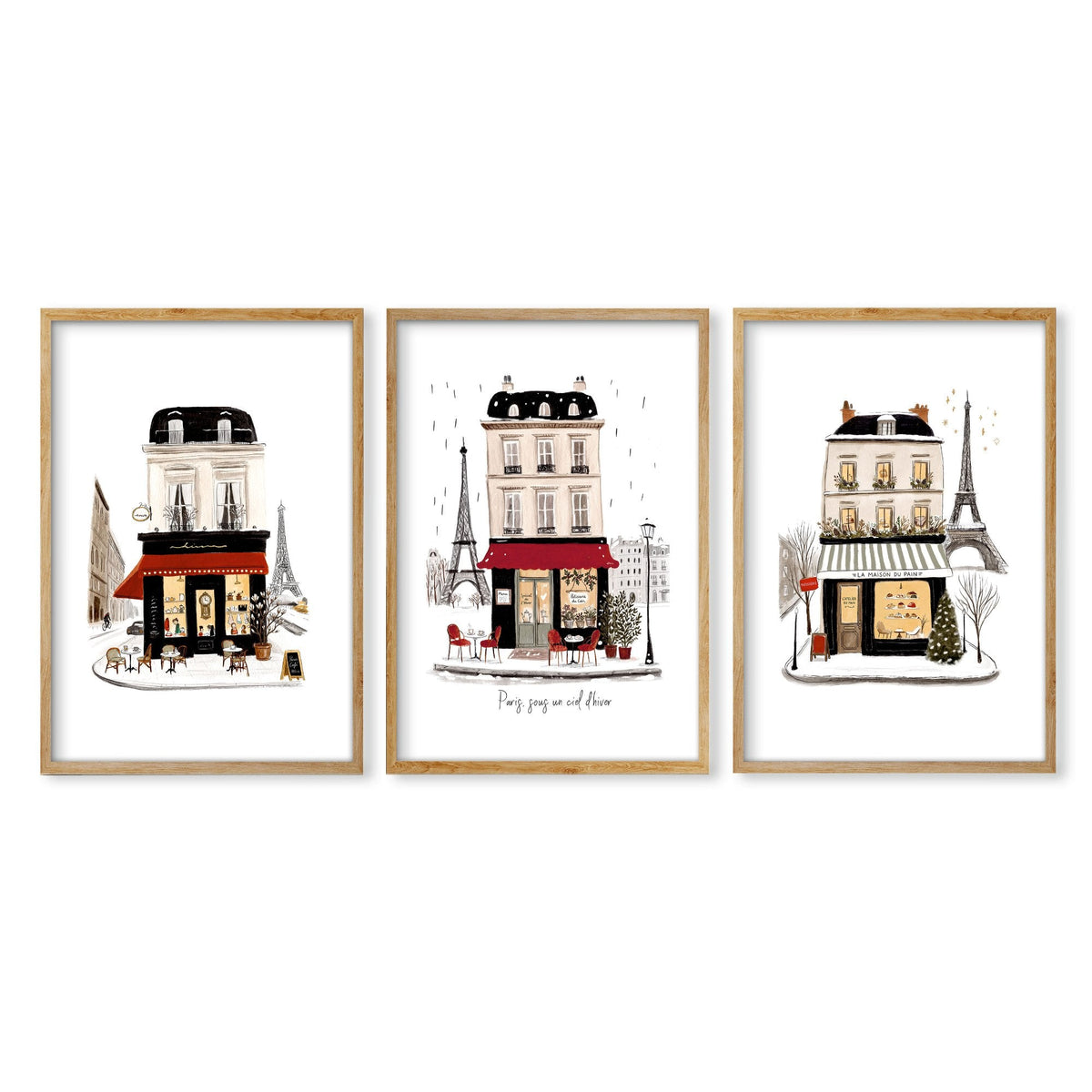 Paris Travel Wall Art Pieces | "Paris sous un ciel d'hiver" Illustrated Street Scenes | Set of 3