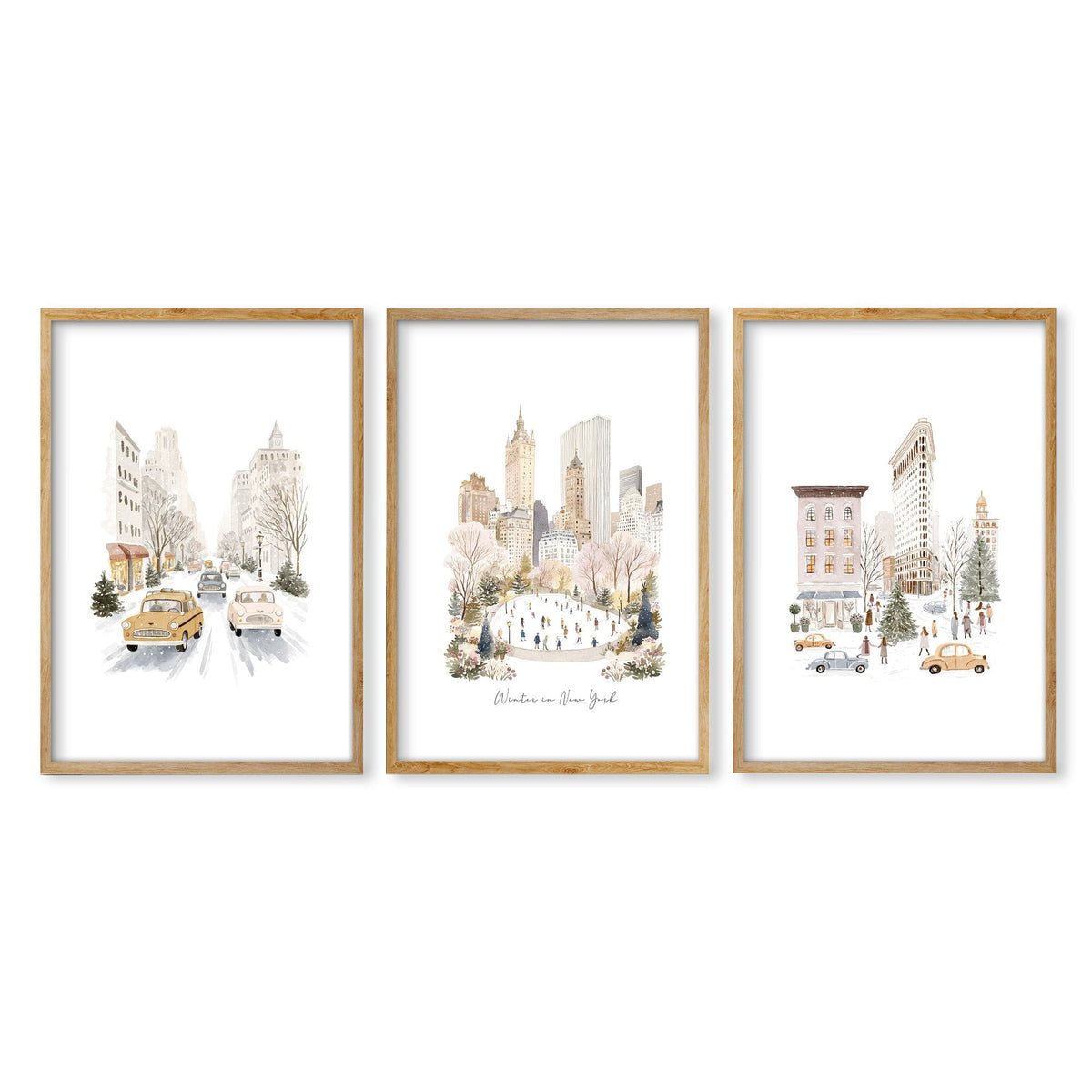 Pictures Above Fireplace New York Watercolour Travel Wall Art Prints | "Winter in New York" | Set of 3