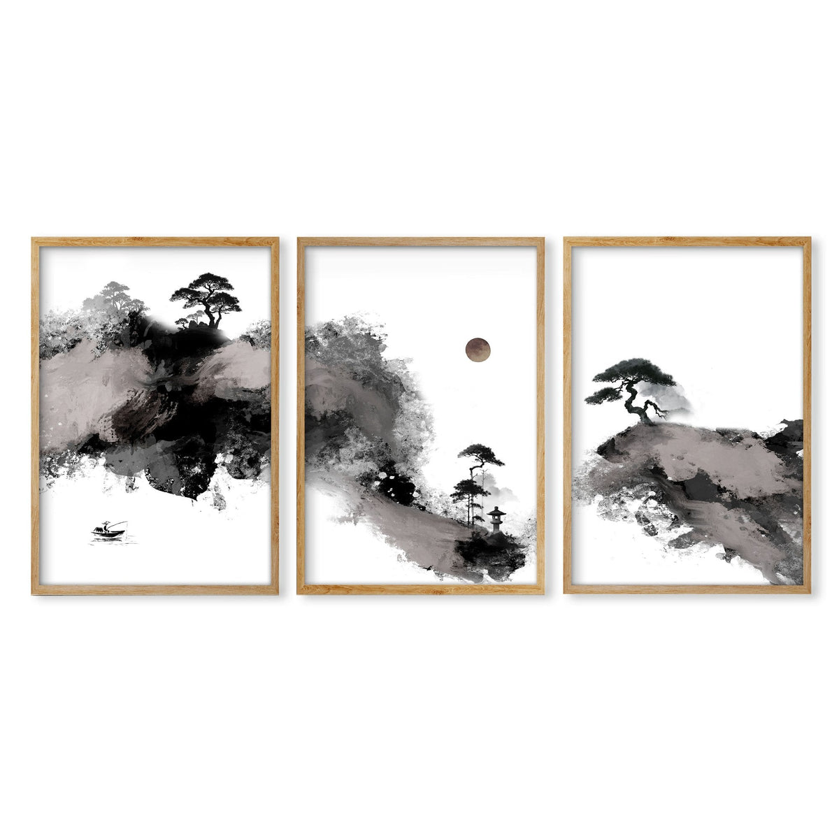 Calming Wall Art Japanese Ink Landscape with Maroon Sun, Black Pine Trees & Lone Fisherman | Set of 3