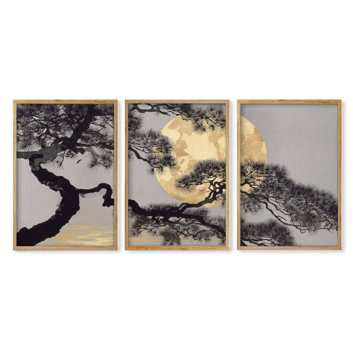 Posters of Japan Japanese Pine Tree & Moon Wall Art Prints | Set of 3