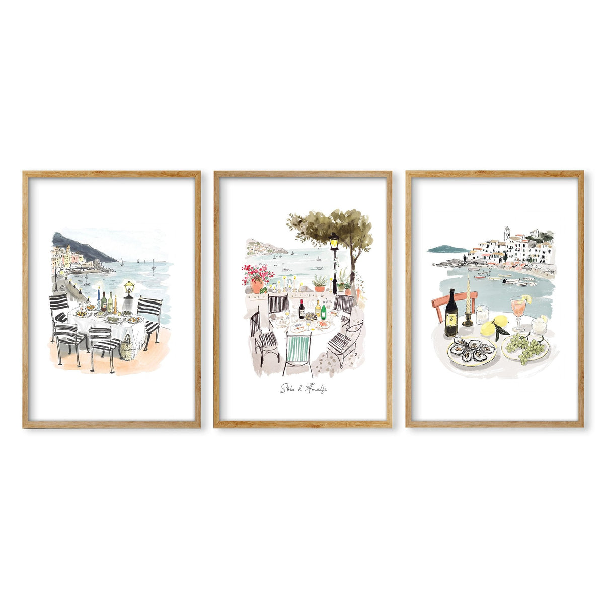 Wall Art for a Dining Room | Mediterranean Coastal Watercolour "Solo di Amalfi" | Set of 3