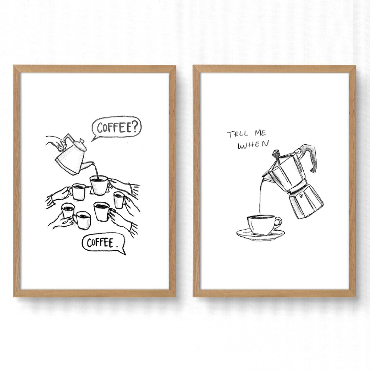 Coffee Print "Coffee? / Tell Me When" Black & White Sketch Kitchen Wall Art Prints | Set of 2