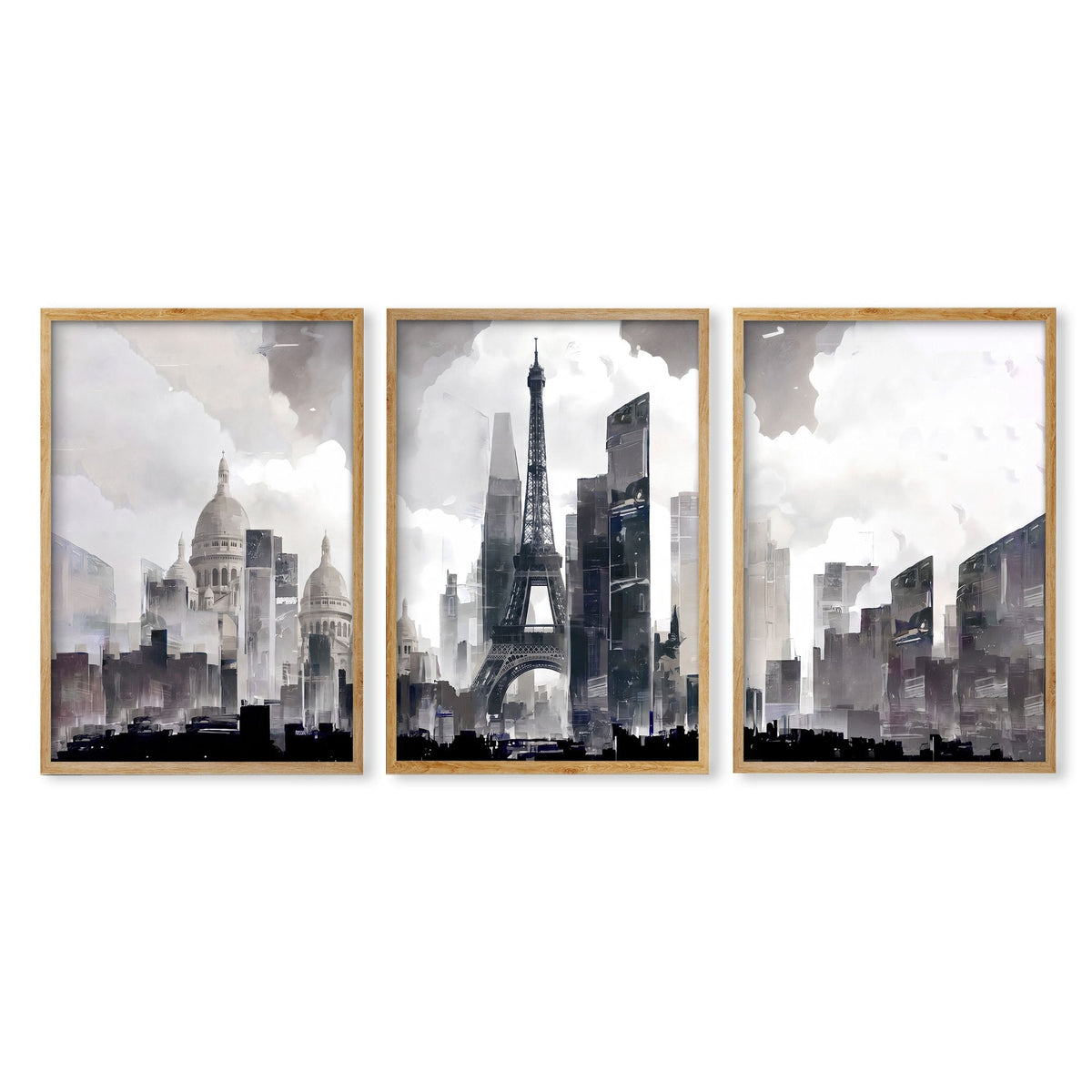 Modern Wall Art for Dining Room Paris Skyline Grey Watercolour Eiffel Tower & Sacré-Cœur Art Prints | Set of 3