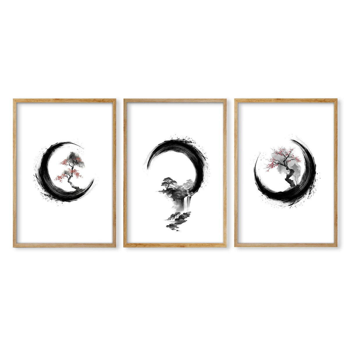 Vintage Japanese Wall Art Enso Circle Ink Brush Zen Prints | Set of 3