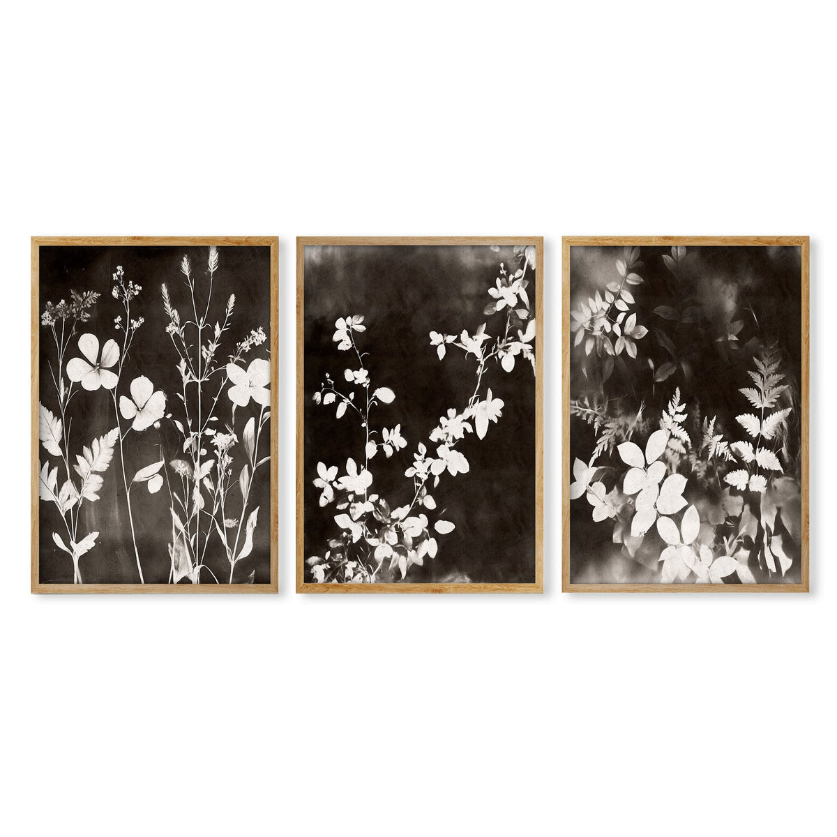 Nature Landscape Art Dark Botanical Wildflowers & Leaves Mink Wall Art Prints | Set of 3