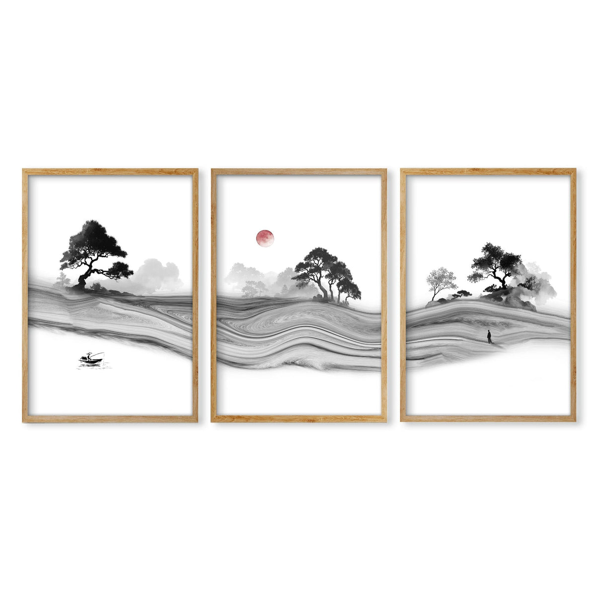 Traditional Japanese Wall Art Ink Landscape with Red Moon, Black & White | Set of 3
