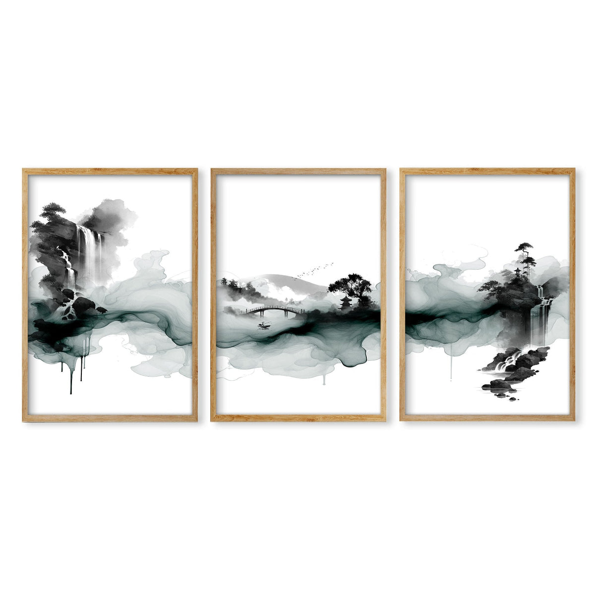 Paintings Japanese Art Ink Wash Landscape Wall Art Prints | Set of 3