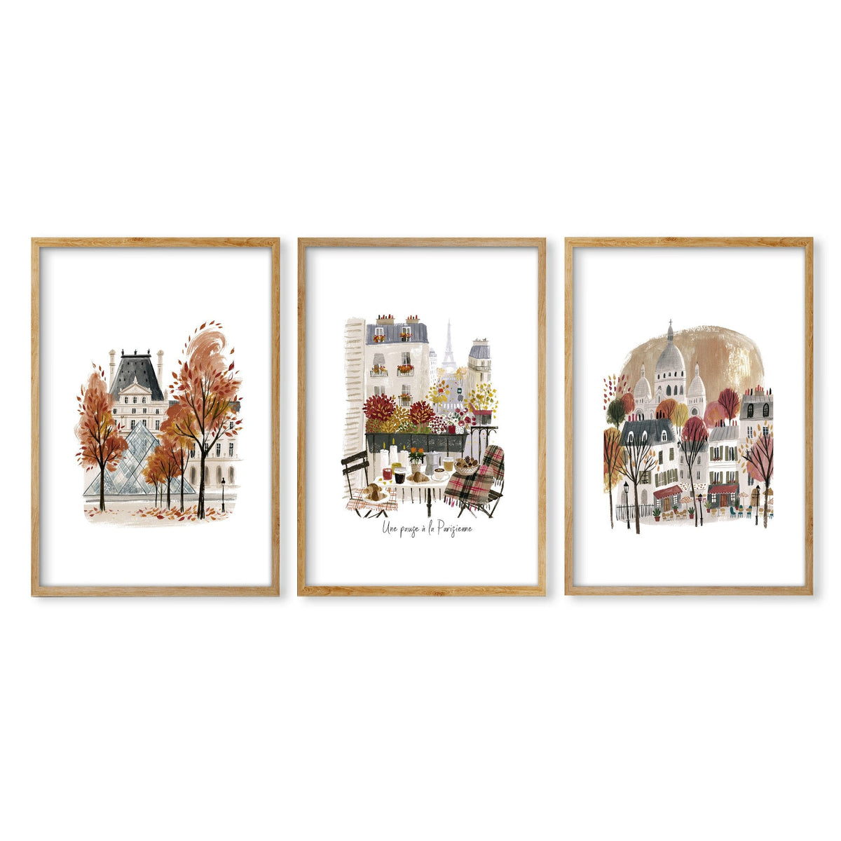 3 Pictures on Wall Autumn Paris Eiffel Tower & Louvre Travel Art Prints | "Une Pause à la Parisienne" | Set of 3