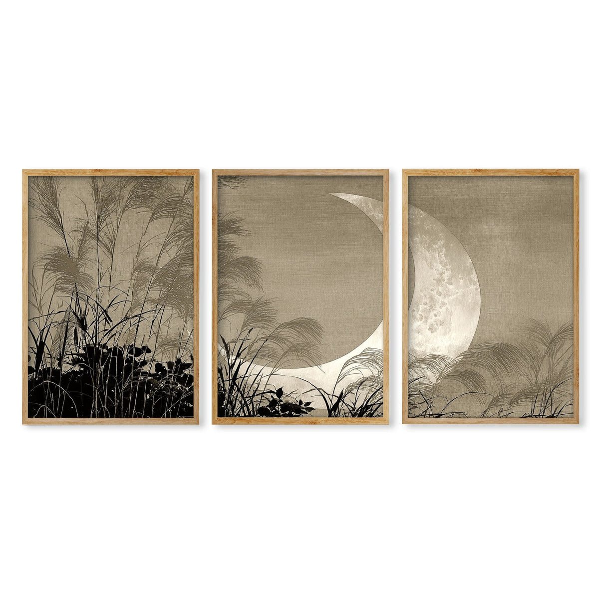Modern Asian Wall Art Japanese Crescent Moon & Pampas Grass Japandi Prints | Set of 3