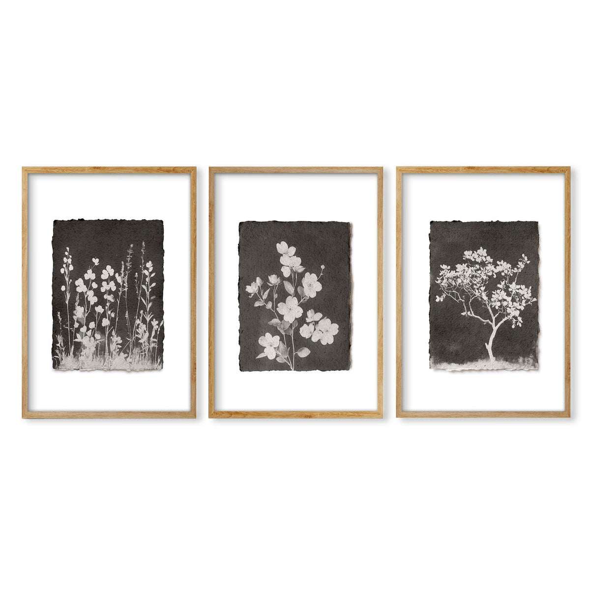 Brown Wall Art Rustic Botanical Wildflowers & Blossom Tree Prints | Set of 3
