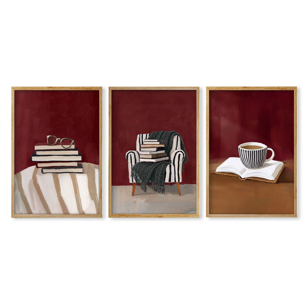 Canvas Wall Art Sets of 3 Burgundy Book Lover Reading Nook Prints | Set of 3