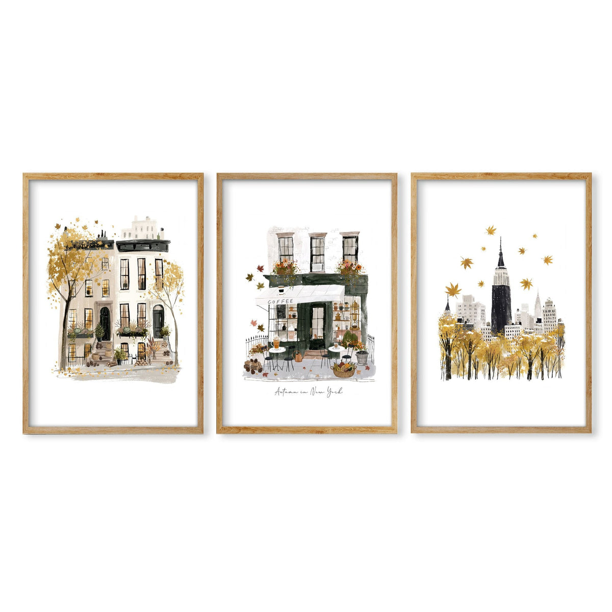 Unique Office Wall Decor "Autumn in New York" Ochre NYC Travel Art Prints | Set of 3
