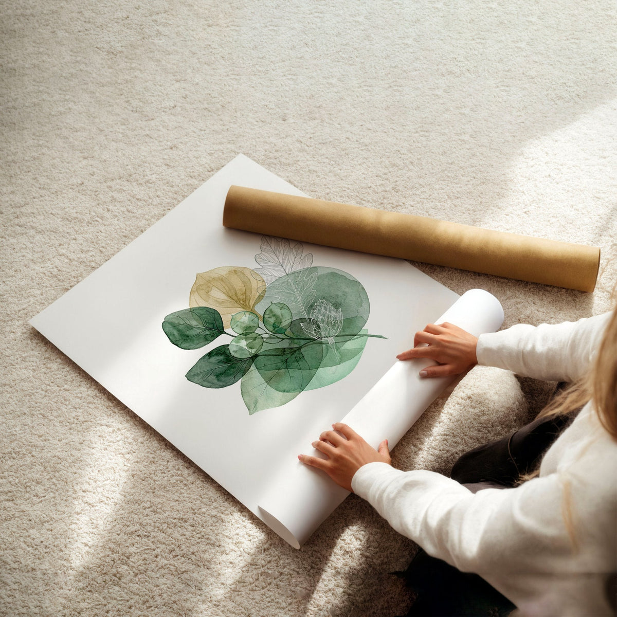 Leaves Print Watercolour Botanical Green & Gold-Tone Wall Art | Set of 3