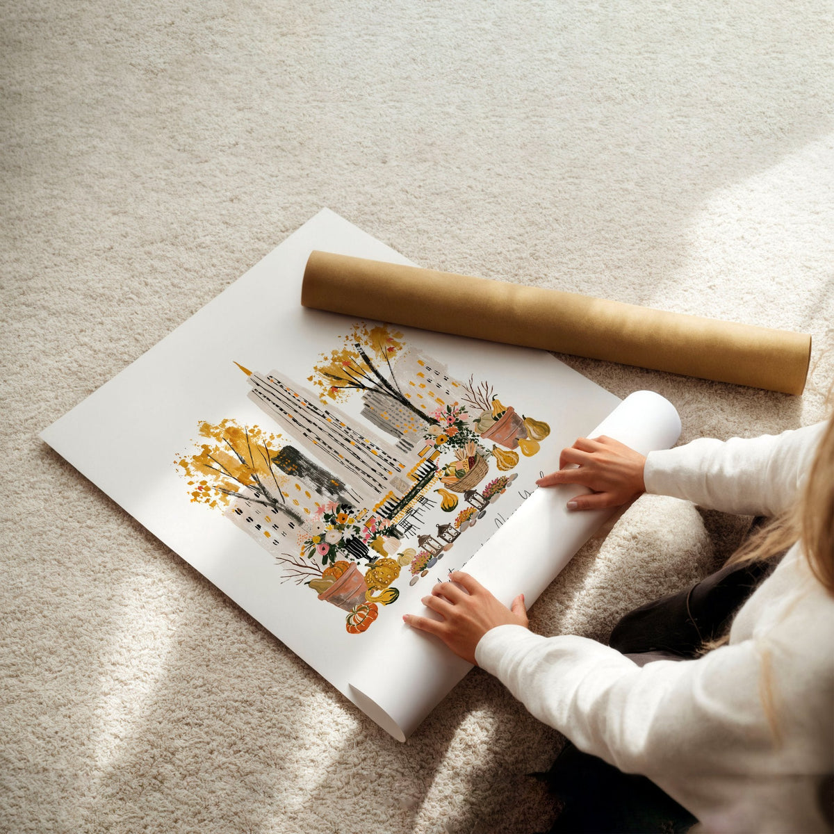 Large New York Wall Art "Autumn in New York" Ochre Watercolour Manhattan Scenes | Set of 3