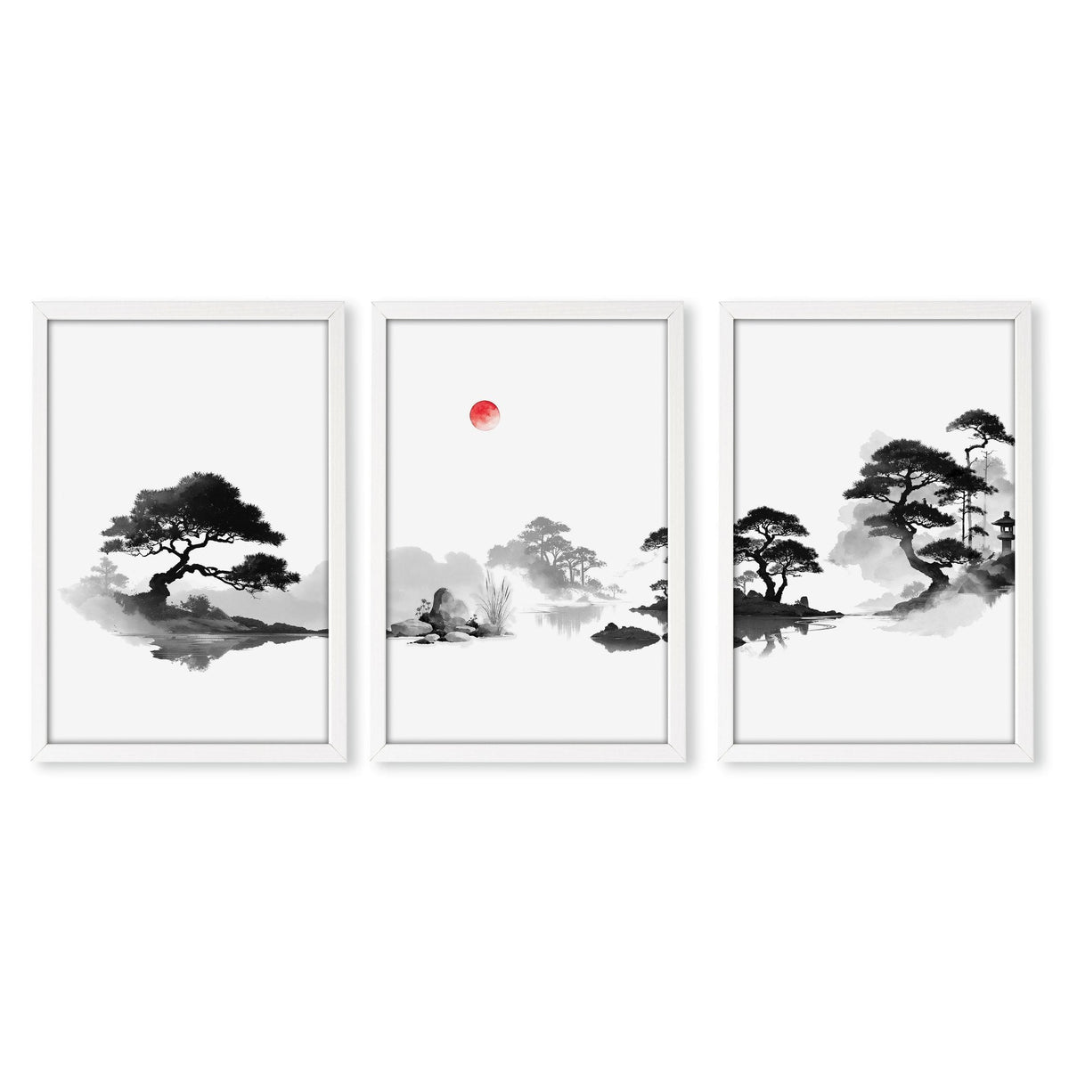 Landscape Art Painting Japanese Ink Zen Bonsai & Red Sun Wall Art Prints | Set of 3