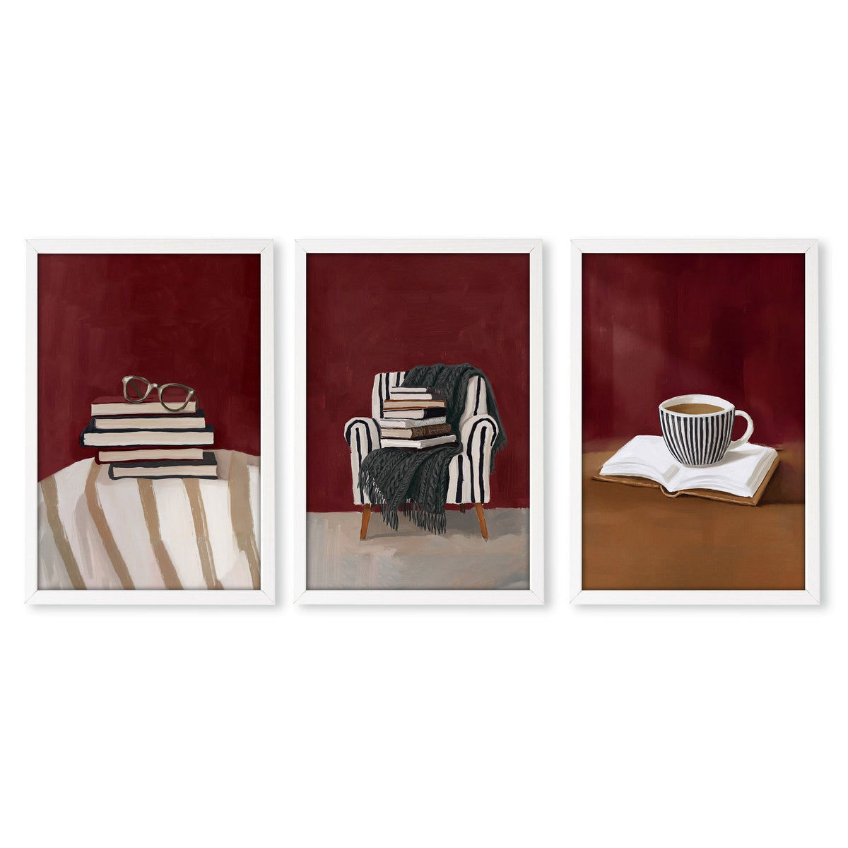 Lounge Room Wall Decor Bohemian Book Lover Burgundy Art Prints | Set of 3