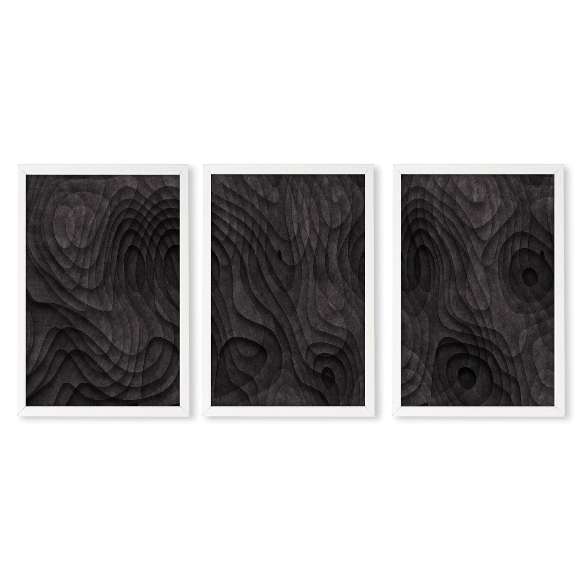 Abstract Wall Art Paintings Dark Charcoal Topographic Wave Texture | Set of 3