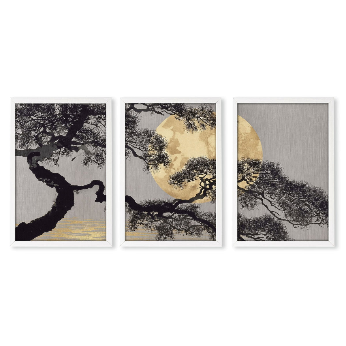 Posters of Japan Japanese Pine Tree & Moon Wall Art Prints | Set of 3