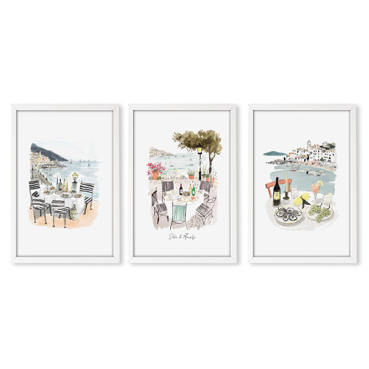 Wall Art for Hallway Entrance Mediterranean Coastal Dining Scene "Solo di Amalfi" | Set of 3