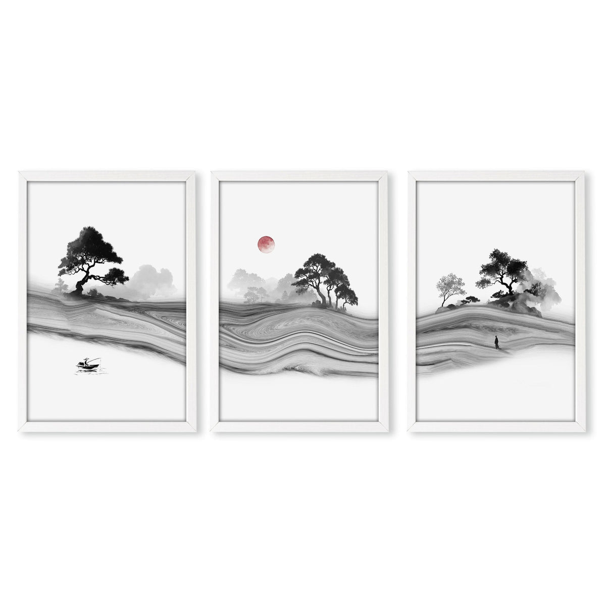 Traditional Japanese Wall Art Ink Landscape with Red Moon, Black & White | Set of 3