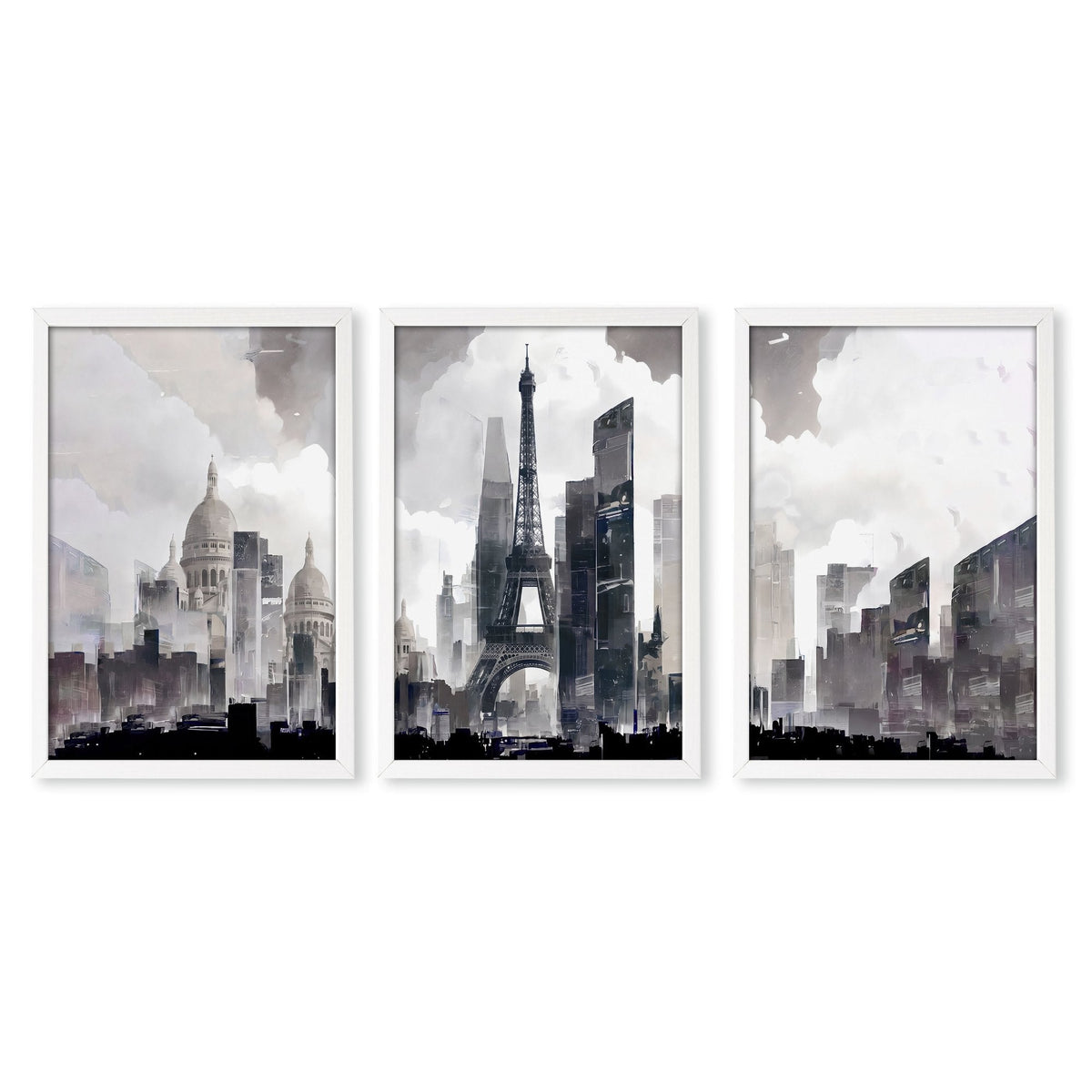 Modern Wall Art for Dining Room Paris Skyline Grey Watercolour Eiffel Tower & Sacré-Cœur Art Prints | Set of 3