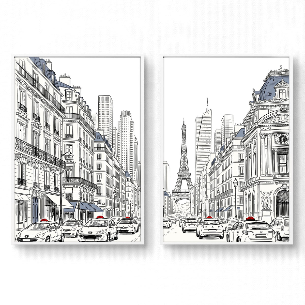 Paris Posters Black & White Street Scene with Eiffel Tower | Set of 2