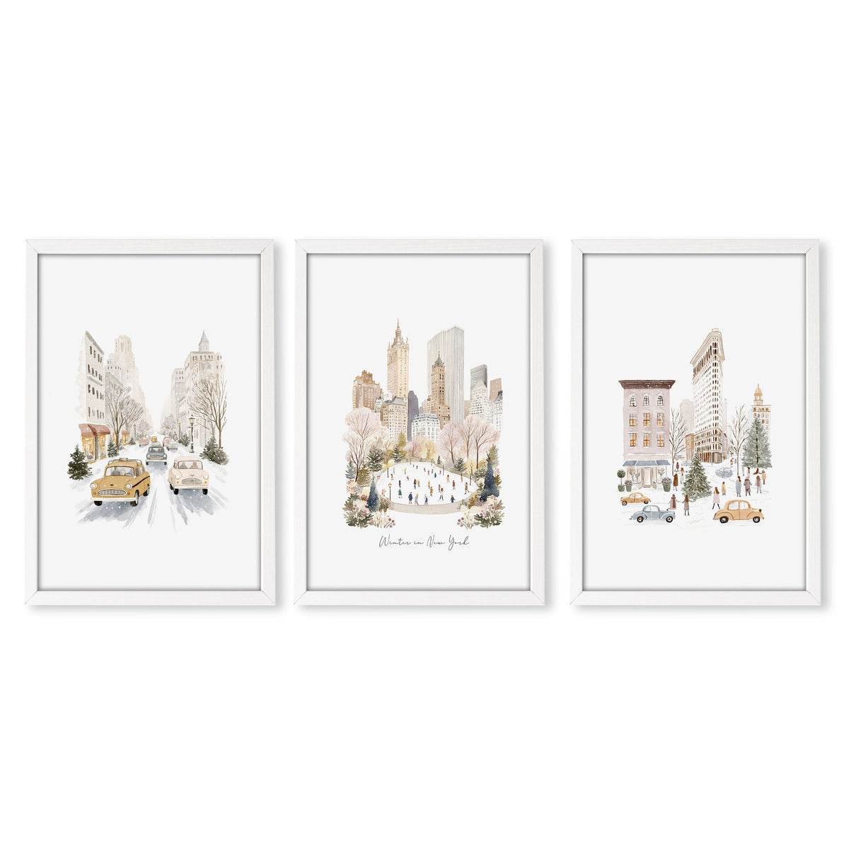 Pictures Above Fireplace New York Watercolour Travel Wall Art Prints | "Winter in New York" | Set of 3