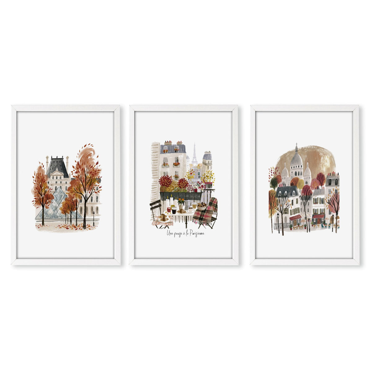 3 Pictures on Wall Autumn Paris Eiffel Tower & Louvre Travel Art Prints | "Une Pause à la Parisienne" | Set of 3