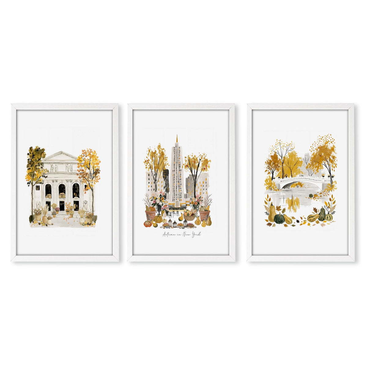 Large Office Wall Art "Autumn in New York" NYC Watercolour Travel Prints | Set of 3