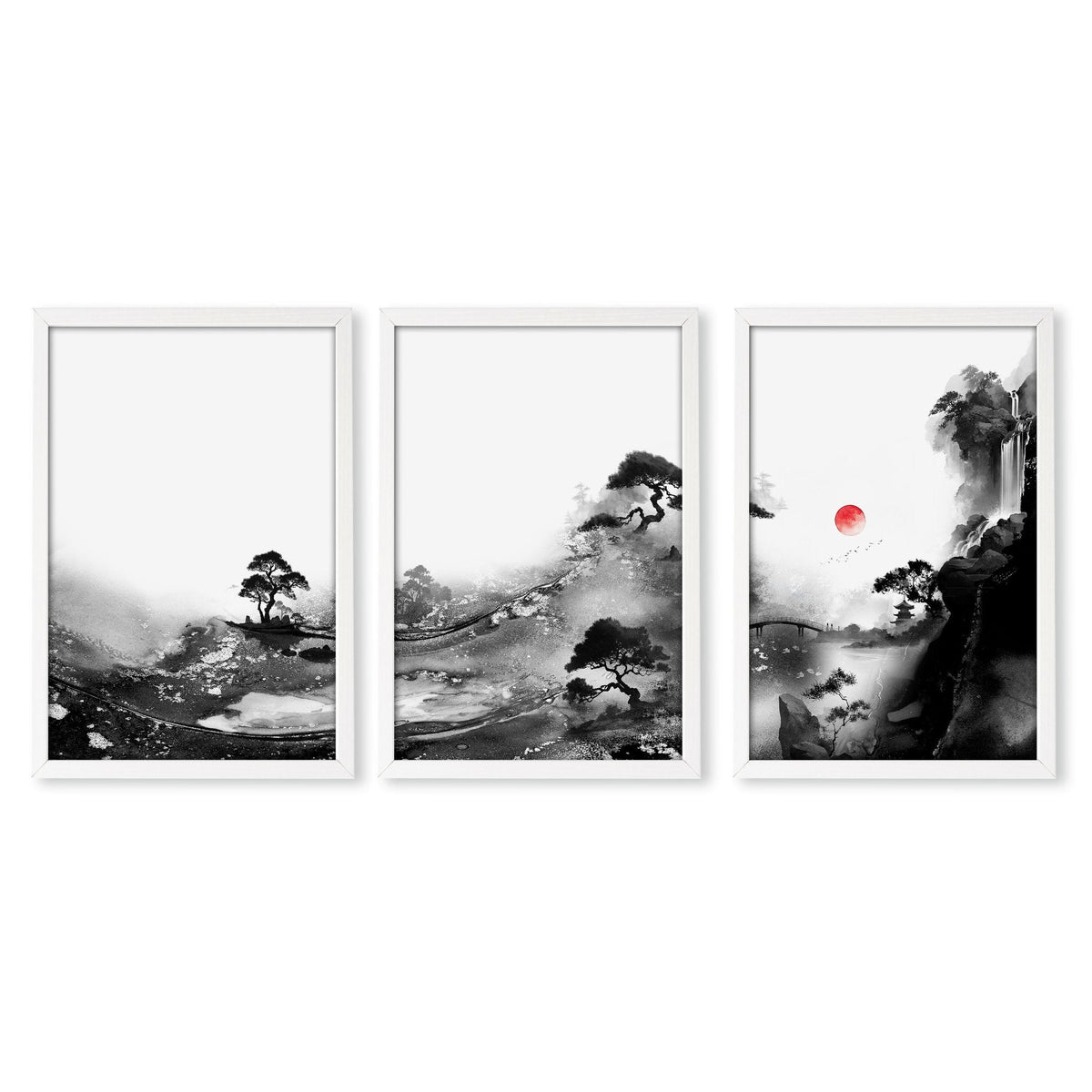 Living Room Wall Art Paint | Japanese Ink Landscape Red Sun Black White | Set of 3