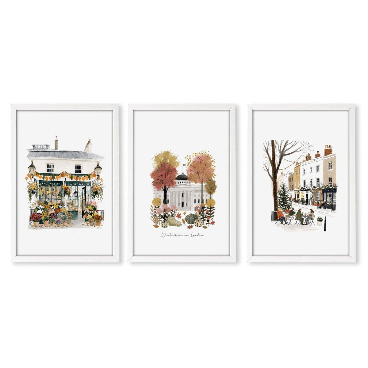 Canvas for Hallway London Travel Wall Art Prints | "Wintertime in London" Covent Garden Set of 3