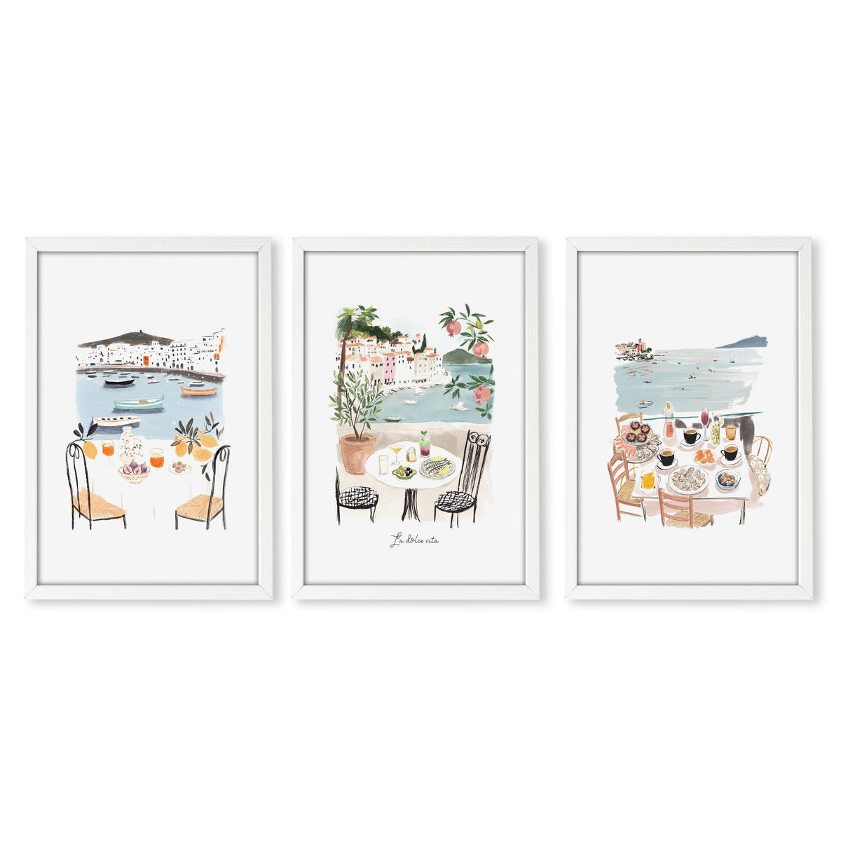 Beach Art Coastal Mediterranean Dining Watercolour Wall Art Prints | "La Dolce Vita" | Set of 3