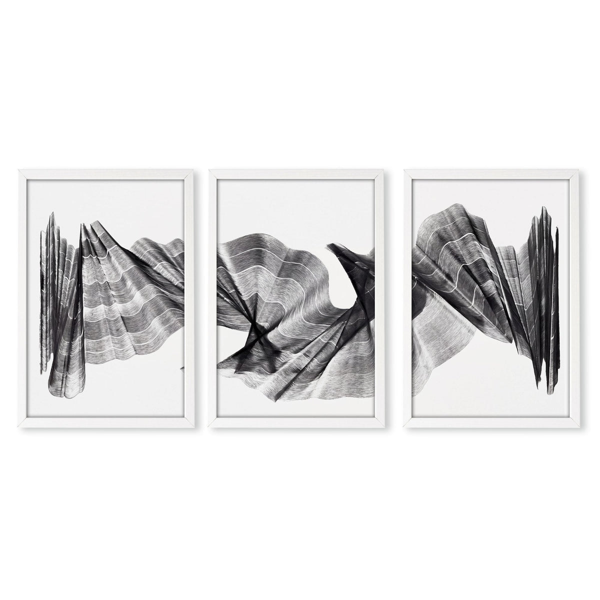 Abstract Art Prints Charcoal Flowing Waves Minimalist Line Art | Set of 3