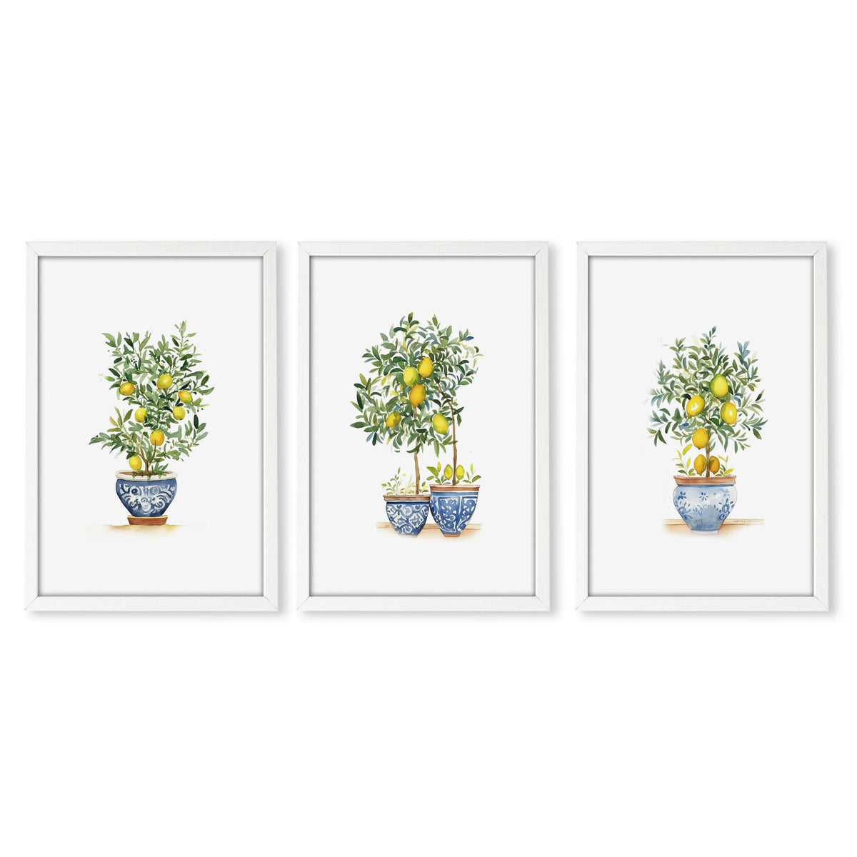 Green Wall Prints French Country Lemon Tree Watercolour Art | Set of 3
