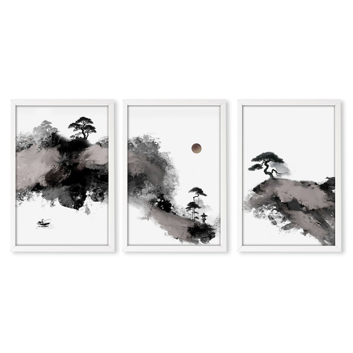 Calming Wall Art Japanese Ink Landscape with Maroon Sun, Black Pine Trees & Lone Fisherman | Set of 3