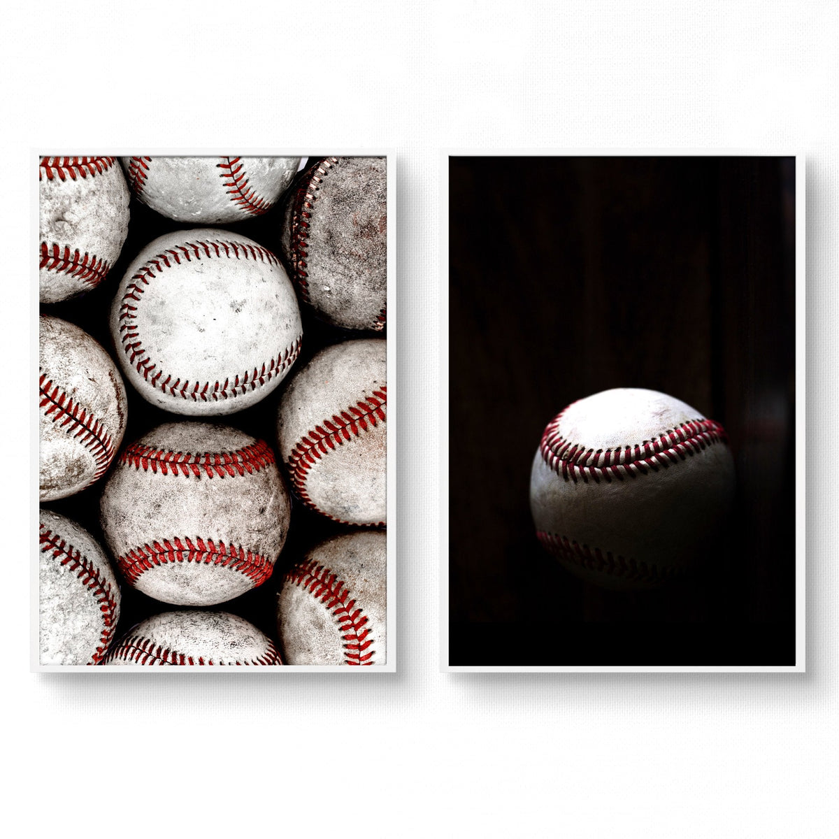 Vintage Art Prints Worn Baseballs Black White Red Photography | Set of 2