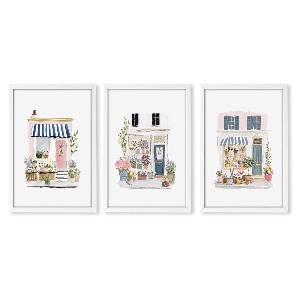 Kitchen Prints Watercolour Flower Shop Storefronts White Blue Pink | Set of 3