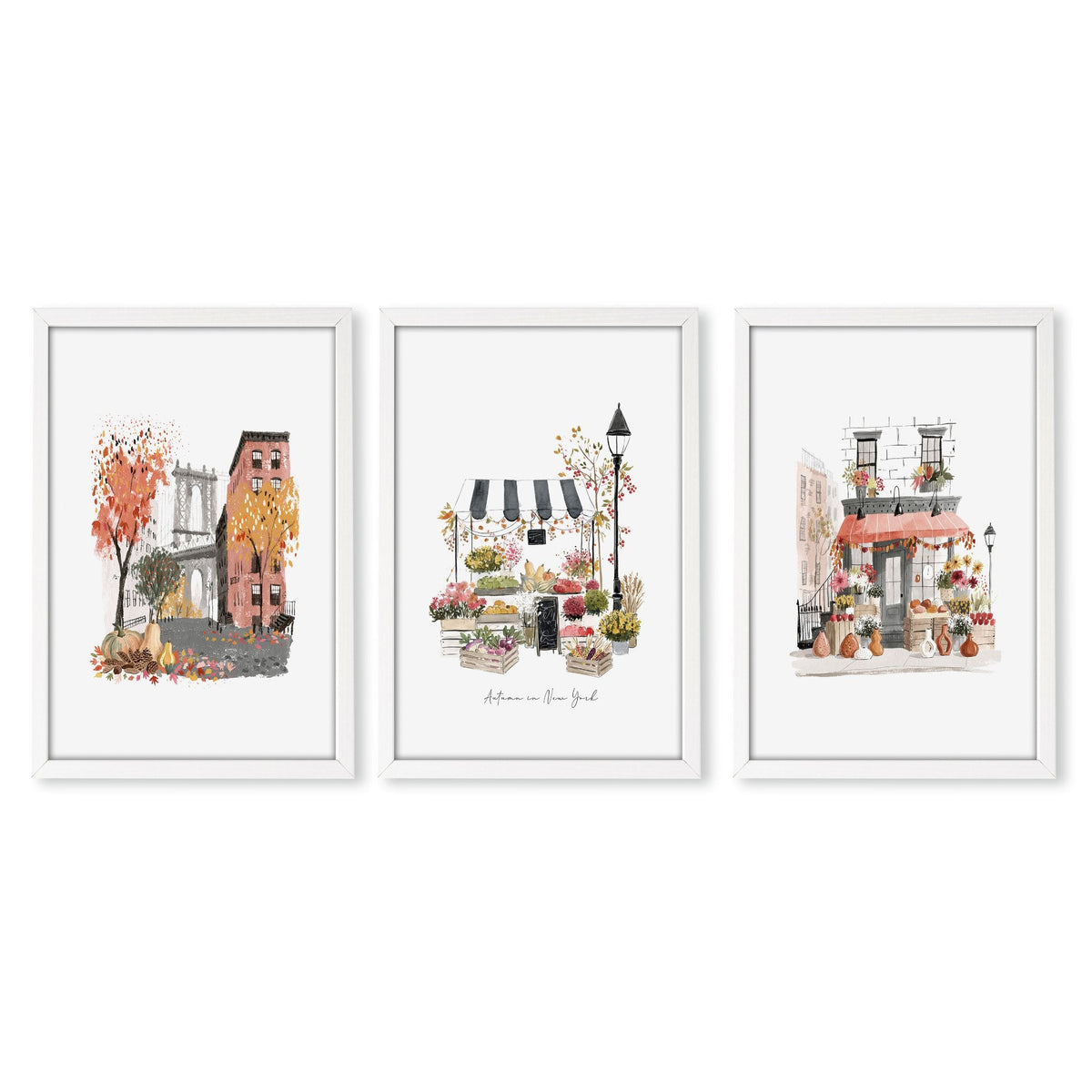 Hallway Wall Art Ideas New York Autumn Watercolour Travel Prints | "Autumn in New York" | Set of 3