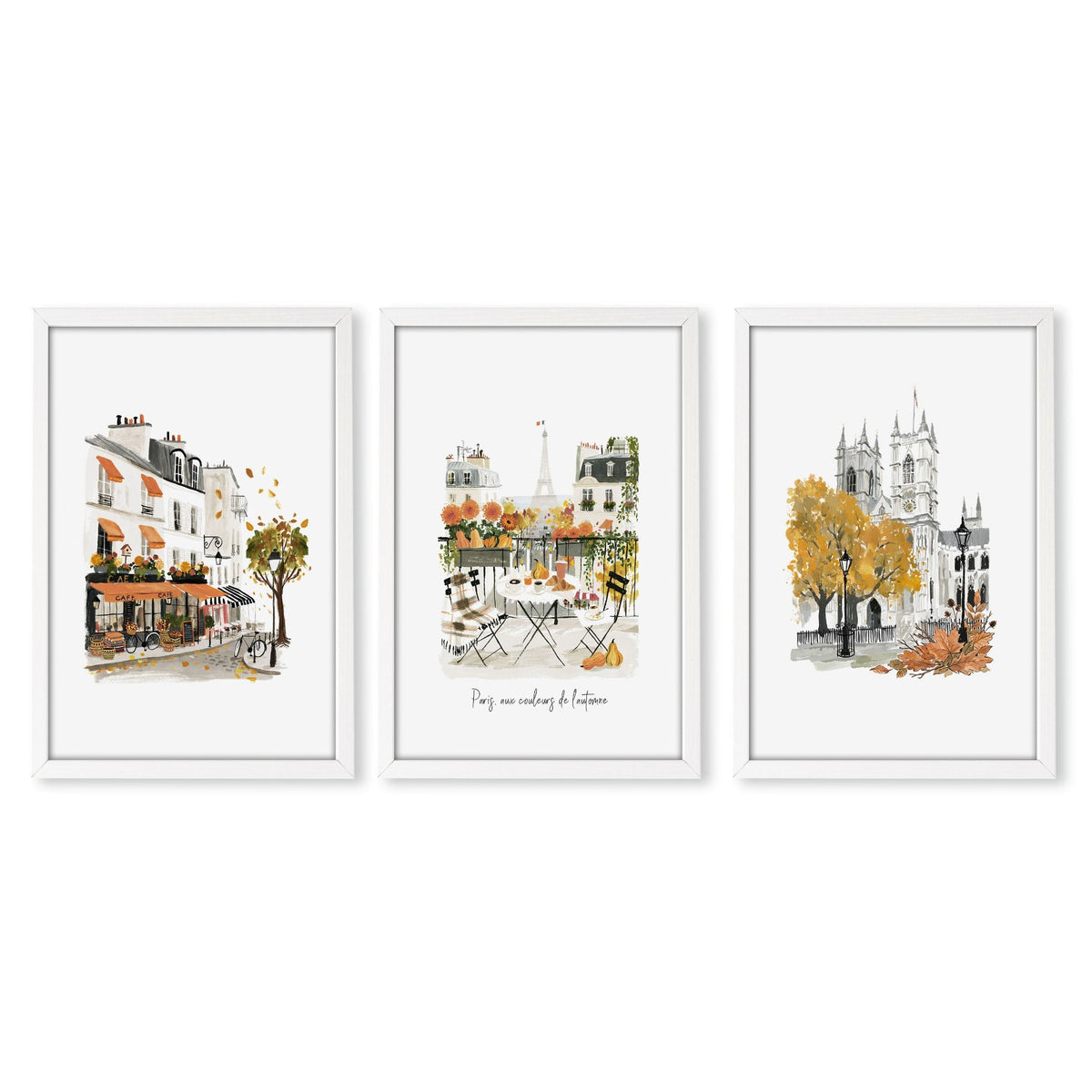 Kitchen Prints for Wall Autumn Paris Watercolour "Paris aux couleurs de l'automne" | Set of 3