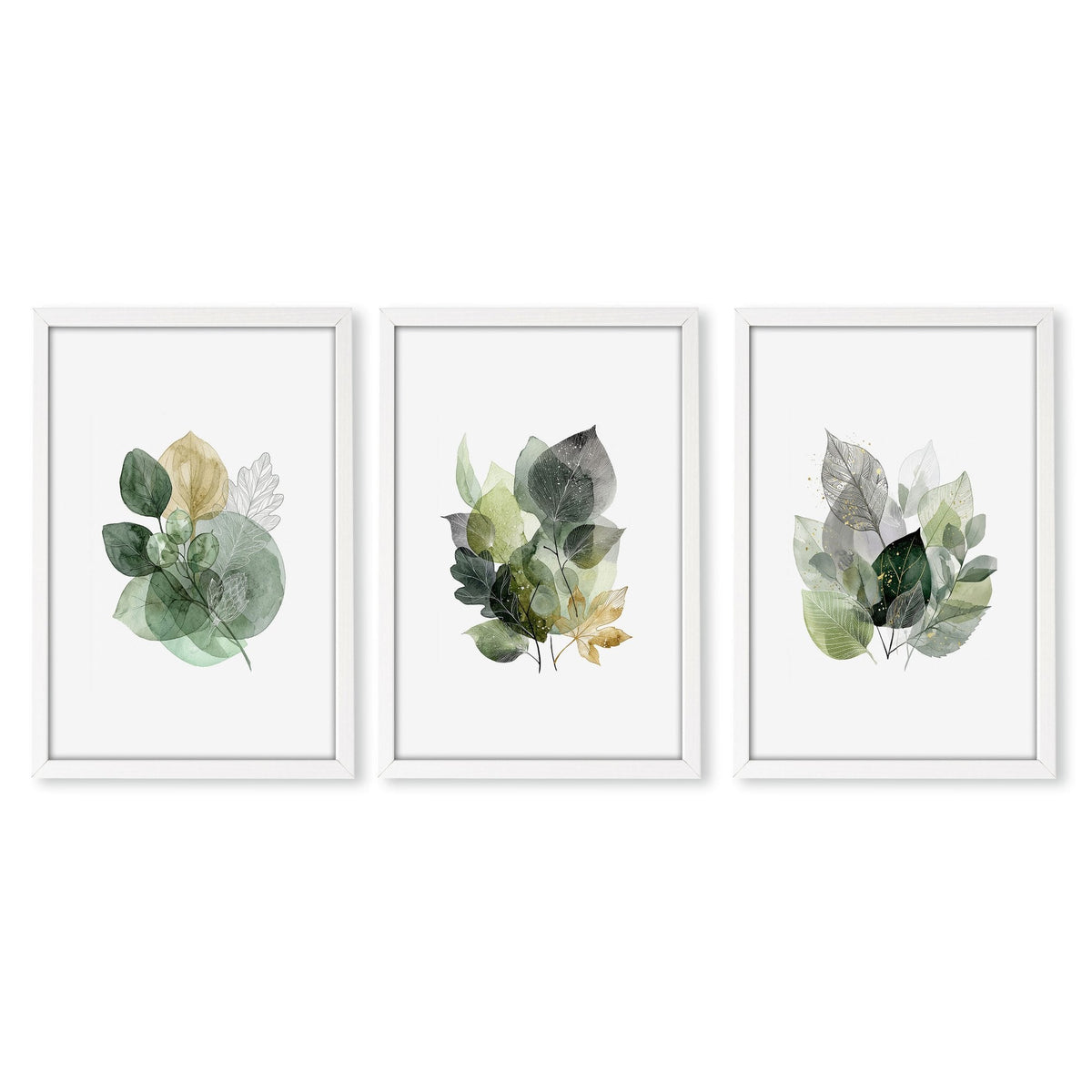 Paintings for Home Office Botanical Watercolour Leaves Green & Gold Wall Art Prints | Set of 3