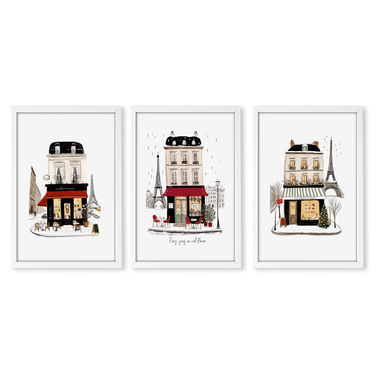 Paris Travel Wall Art Pieces | "Paris sous un ciel d'hiver" Illustrated Street Scenes | Set of 3