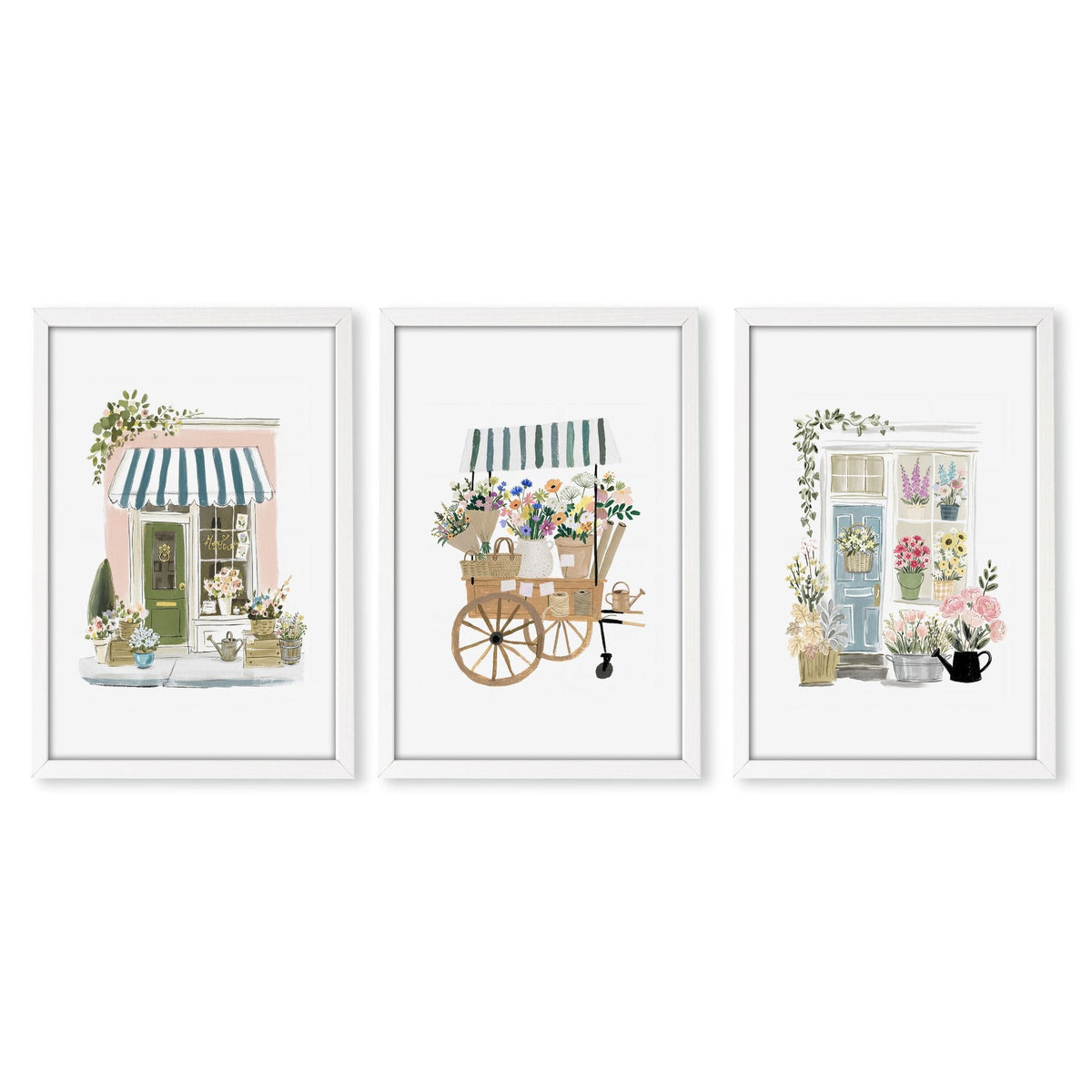 Pink Art Botanical Flower Shop & Market Cart Wall Art Prints | Set of 3