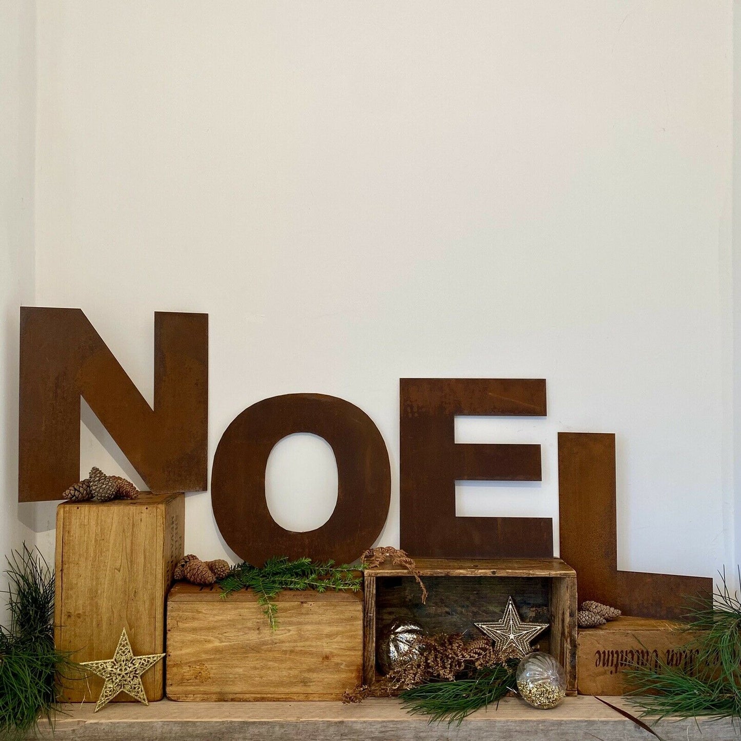 NOEL Christmas Mantle Fireplace Decoration / Rusty 12" Tall Fat Font Metal Letters